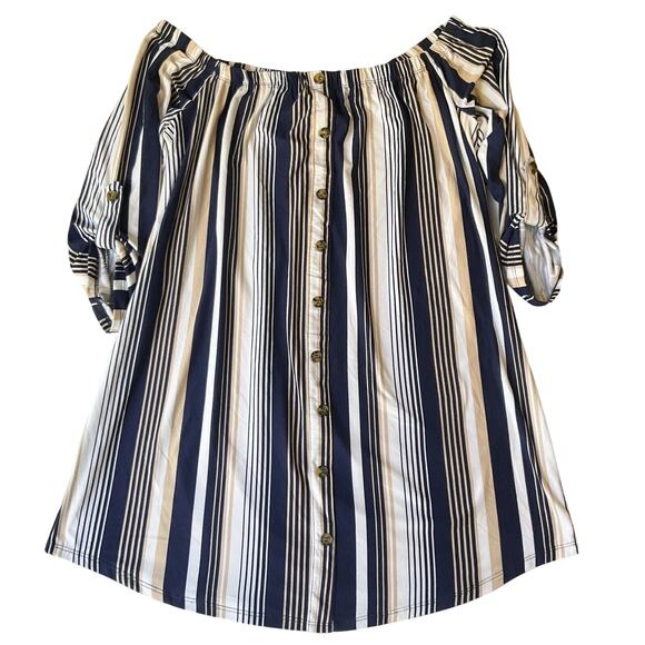 No Comment NY-LA Women Mini Dress XL Navy Striped Shift 3/4 Sleeve Off Shoulder - Picture 1 of 9